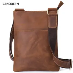 GENODERN Cowhide Men Messenger Bag Vintage Crazy Horse Leather Crossbody Bag for Men Luxury Small Shoulder Bag for Male