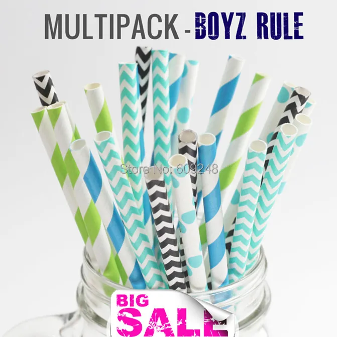 125 Pcs Mixed Colors BOYZ RULE Party Paper Straws Outlet,Lime Green and Blue Striped,Black and Aqua Chevron,Polka Dot Disposable