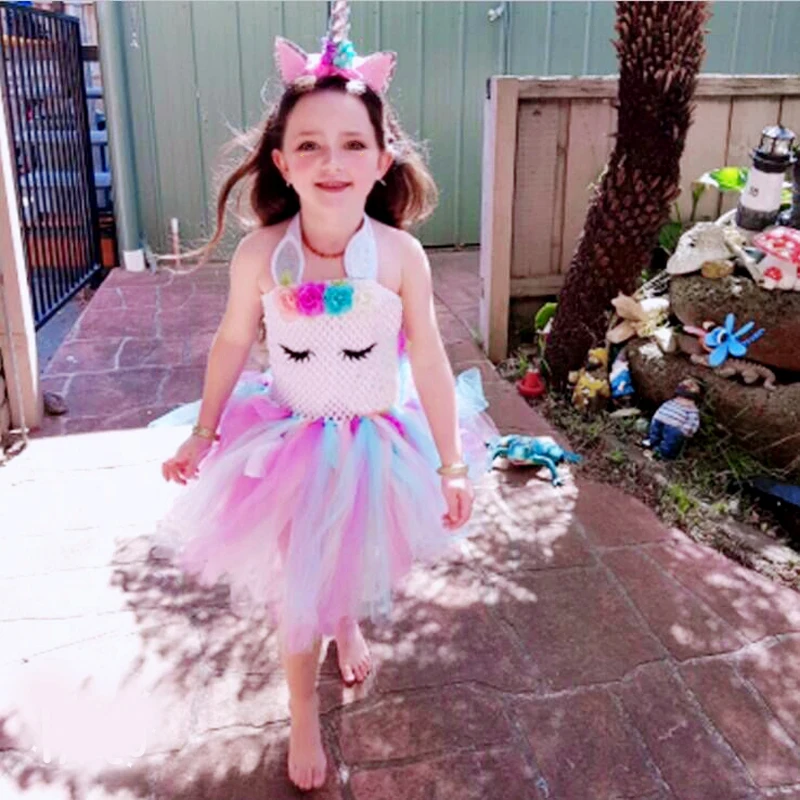 2019 Flower Girls Unicorn Tutu Dress Pastel Rainbow Princess Girls Birthday Party Dress Children Kids Halloween Unicorn Costume