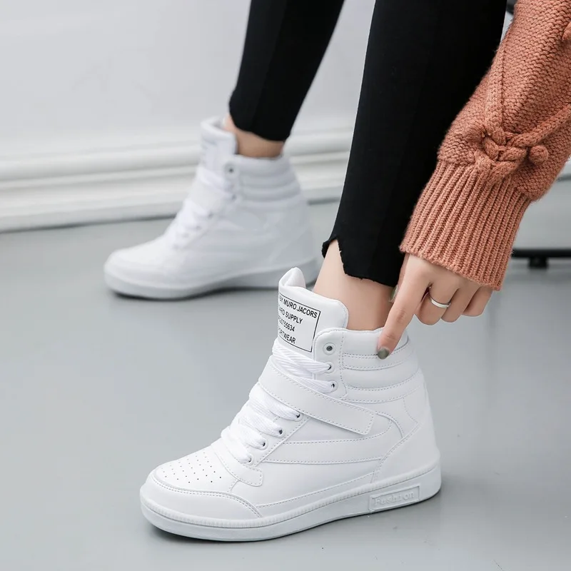 Women Sneakers Women Casual Shoes Platform Hidden Increasing Sneakers Breathable Leather Shoes High Top White Sneakers