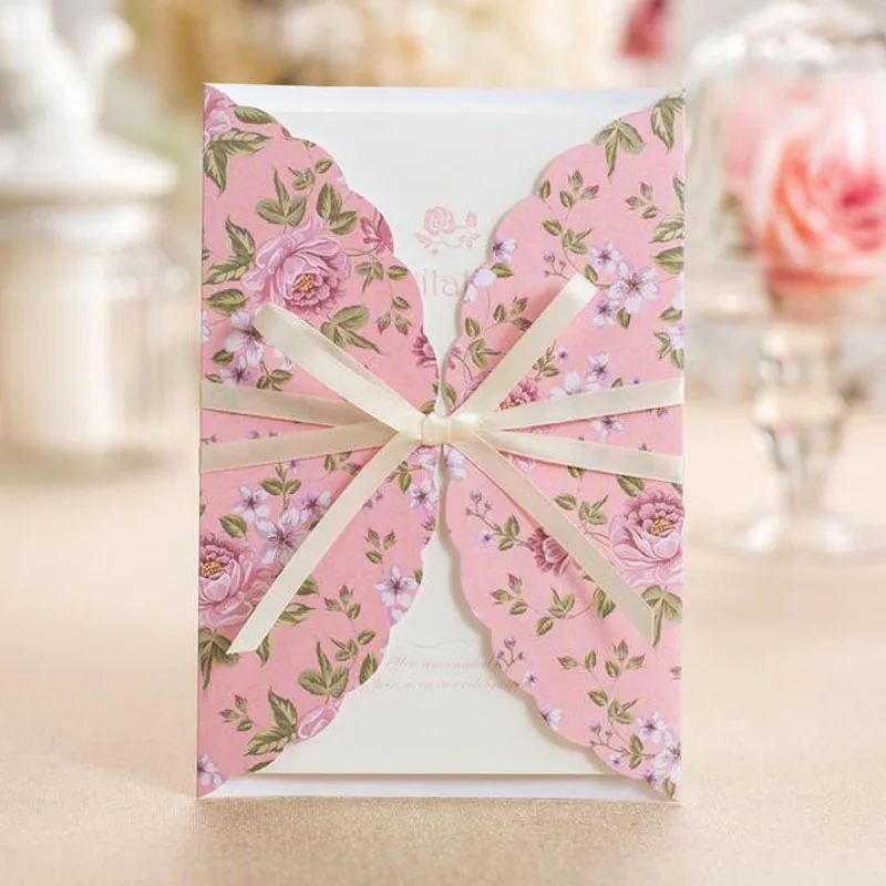 

50pcs Pink Flower Pattern Marriage Wedding Invitations Cards Greeting Card 3D Card Laser Cut Postcard Event Party Supplies