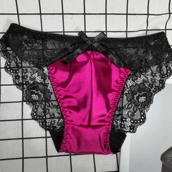 Men Satin Underwear Sexy Sissy Panties Gay Men Shiny Soft  Lace Lingerie Low Rise Stretchy Bikini Briefs sexy men underwear