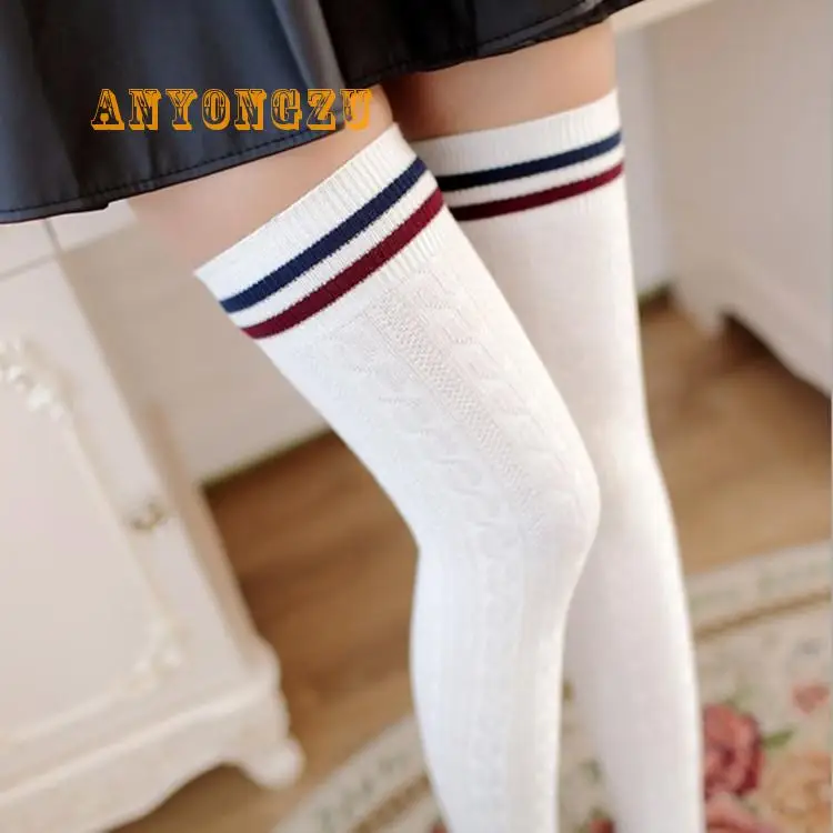 Autumn And Winter Two Bars Combed Cotton Tube Stockings College Style High Tube Over The Knee Adult Stockings 3pair/lot