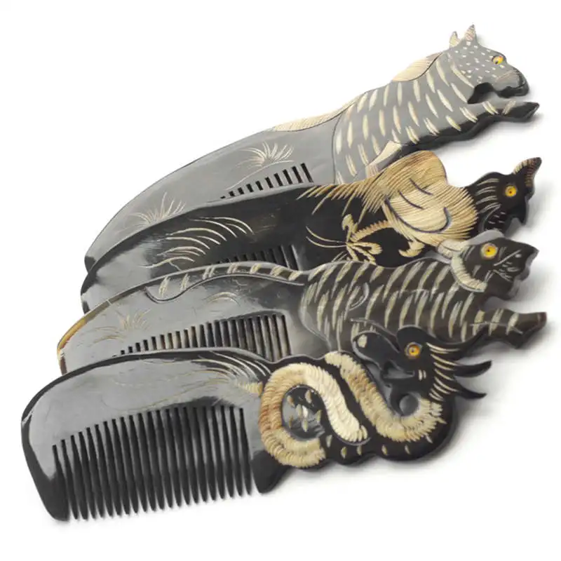 L001 Natural Black Buffalo Carved Chinese 12 Zodian Animals Comb Heathy Gift Combs 12pcs set free ship