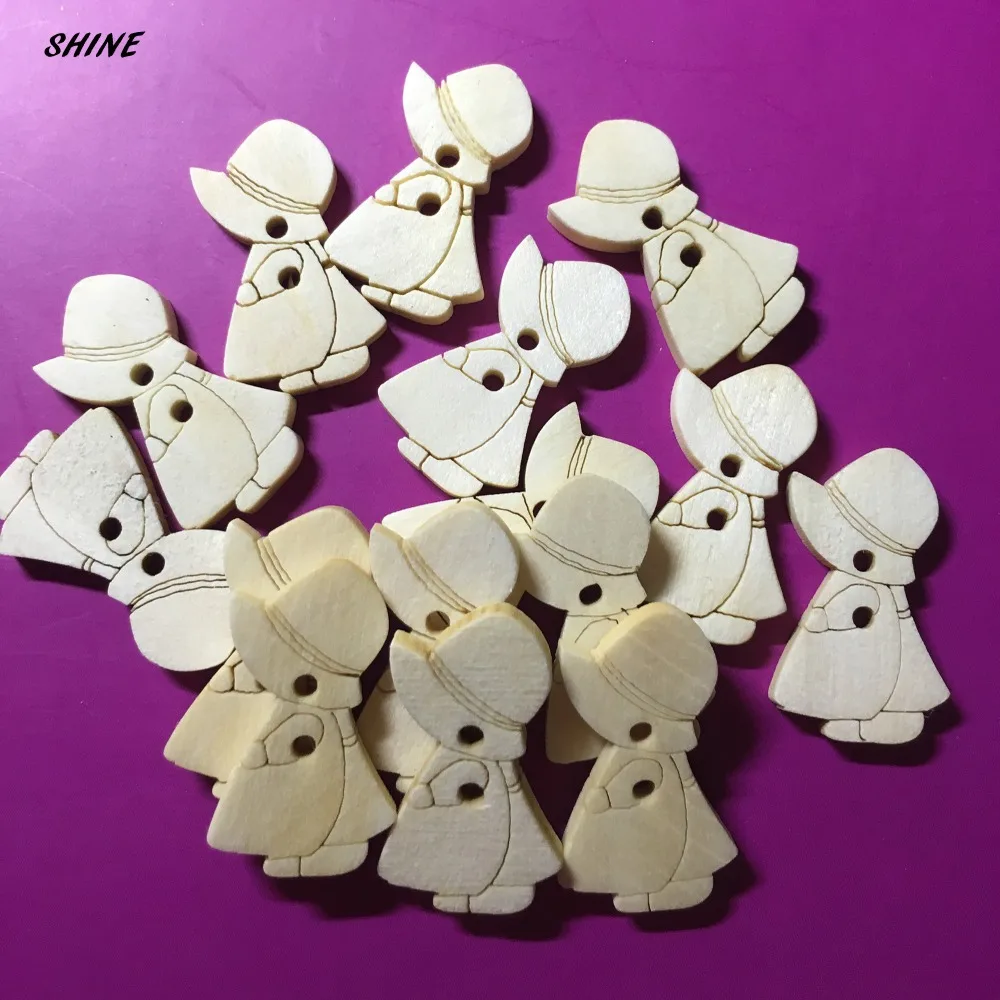 SHINE Wooden Sewing Buttons Scrapbooking Girl Natural Color Two Holes 25 x 15mm 30 PCs Costura Botones Decorate bottoni botoes