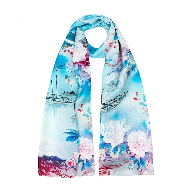 DANKEYISI Women Pure Silk Scarf Female Luxury Floral Print Chinese Style Foulard Shawls Scaves Beach Cover-Ups For Girl Lady