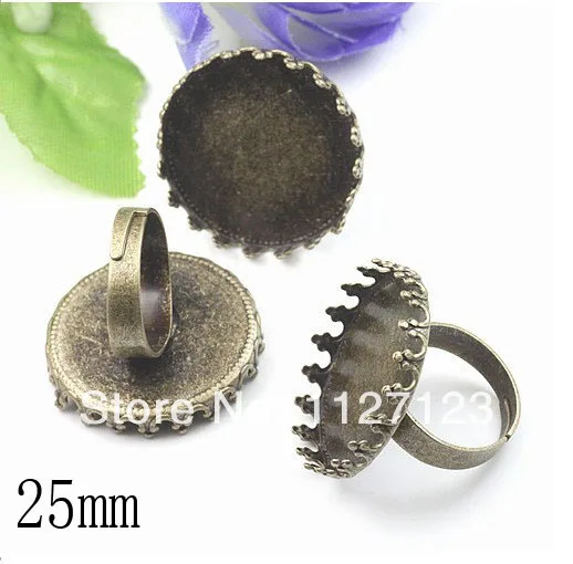 

-ree shipping!!!!!50pcs 25mm Round Crown Ring ,adjustable ring base Bronze blanks settings