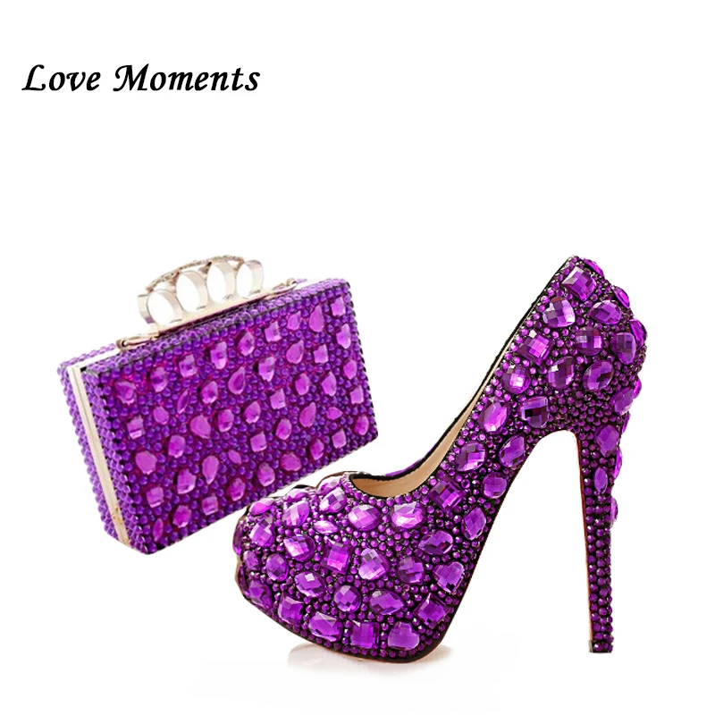 New Arrival Purple Crystal shoes Woman wedding shoes and bags sets high Heel platform shoes women party dress shoes clutches