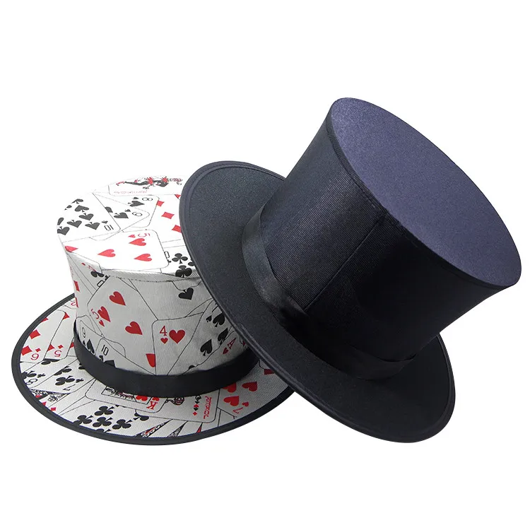 Folding Top Hat Spring Magic Tricks ( Black & Playing Card Pattern ) Appearing/Vanishing Objects Hat Stage Accessories Gimmick