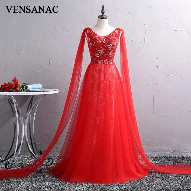 

VENSANAC Flowers Embroidery A Line O Neck Long Evening Dresses Elegant Party Lace Tank Backless Tulle Prom Gowns