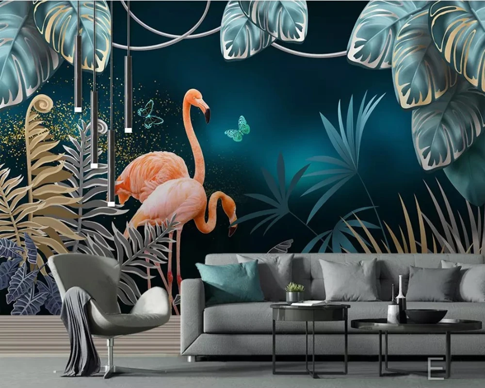 

Topical plants leaves couple flamingos 3d wallpaper,living room tv wall bedroom wall papers home decor restaurant bar mural