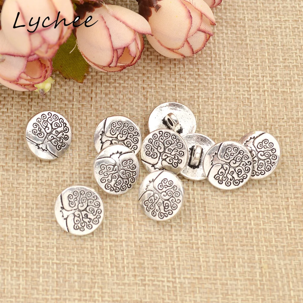 Lychee 10pcs Antique Silver Metal Tree Of Life Carving Shank Buttons For DIY Craft Needlework Sewing Clothes Jeans