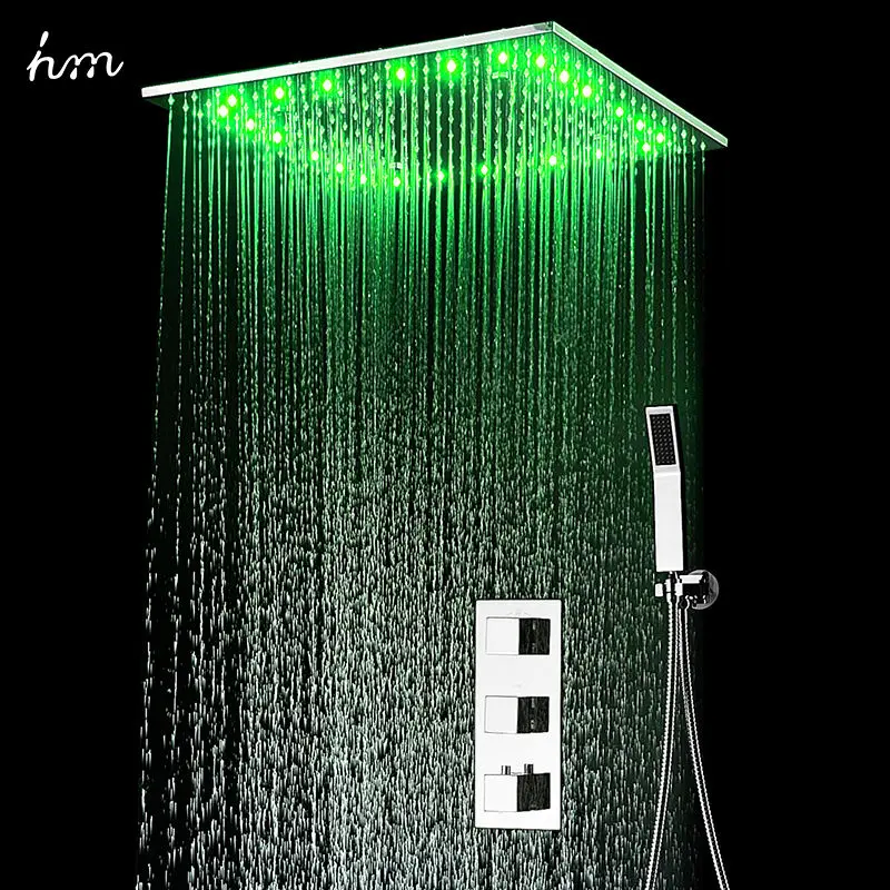 

Concealed Thermostatic Shower Set SUS304 Mirror Finished Panel with 20" Embedded Ceiling LED ShowerHead Rainfall Mist SPA hm