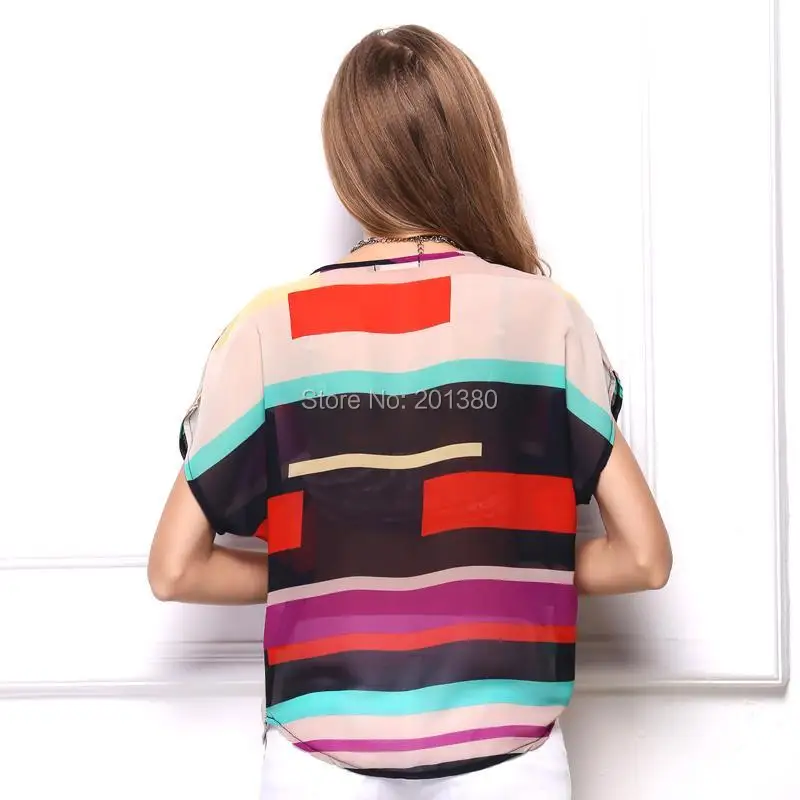 Colorful Stripe Women Chiffon Blouses Batwing Sleeve Tops Plus Size Summer Style 2019 New