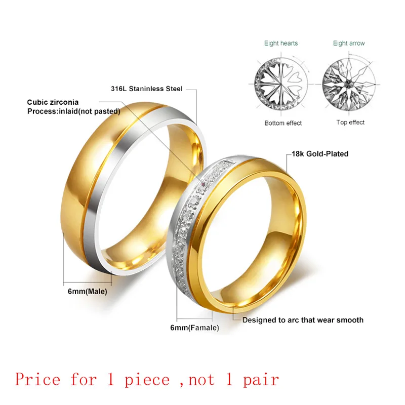 Vnox Wedding Ring for Women / Men Gold Color Love Engagement Couple Stainless Steel US size