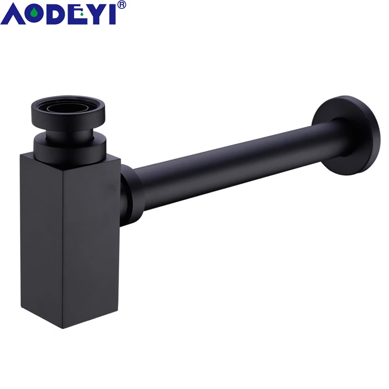 AODEYI Brass Bathroom Basin Sink waste Drain Square Bottle Trap P-Trap, Matte Black