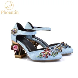 Phoentin crystal mary jane shoes women flower med fretwork heels velvet sheepskin material hook&loop Ethnic wedding shoes FG109