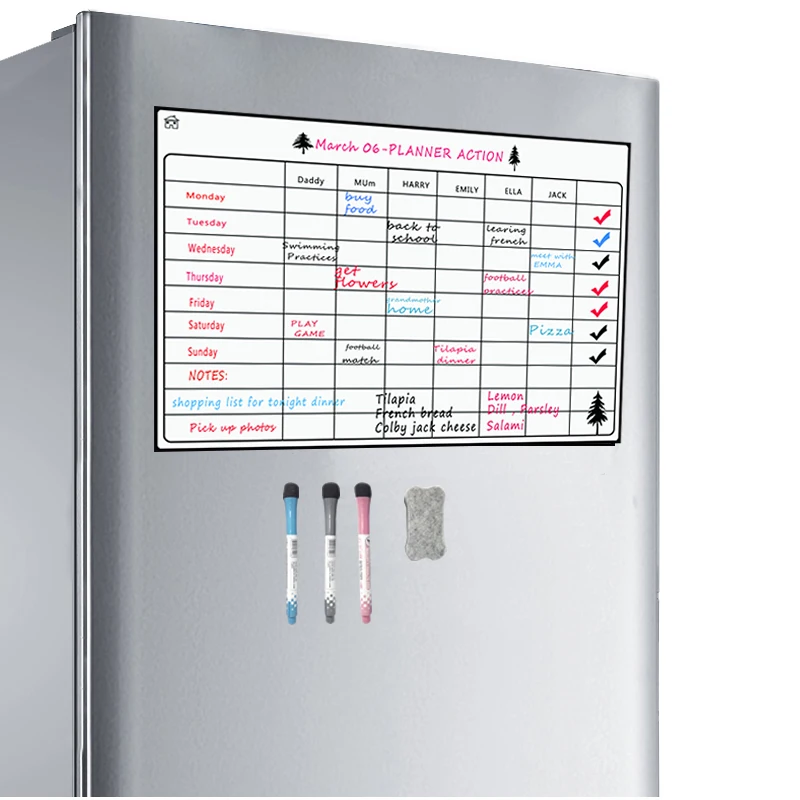 Magnetic Dry Apagar Whiteboard para geladeira, planejador semanal, 3 marcadores