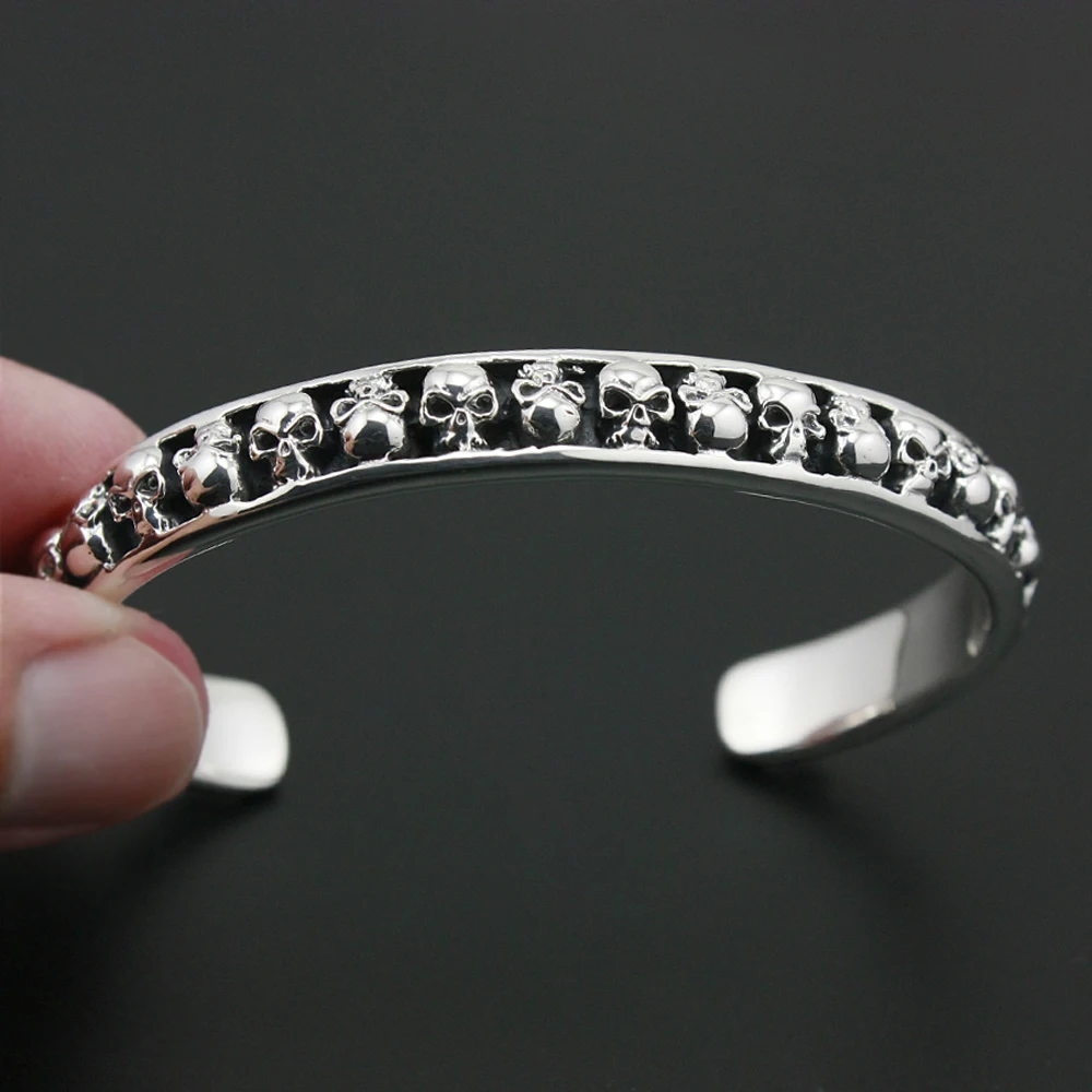 

925 Sterling Silver Skulls Bangle Mens Biker Rokcer Punk Bangle 9A010 Fit 6.3 ~ 7.2 inches Wrist