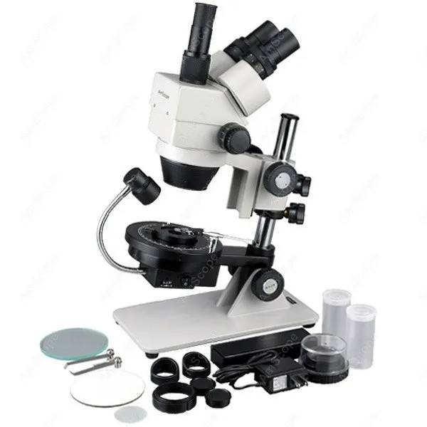 AmScope GE300 Series Cordless LED Jewel Gem Zoom Trinocular Stereo Microscope 3.5X-45X on Pillar Stand+ Darkfield Stage