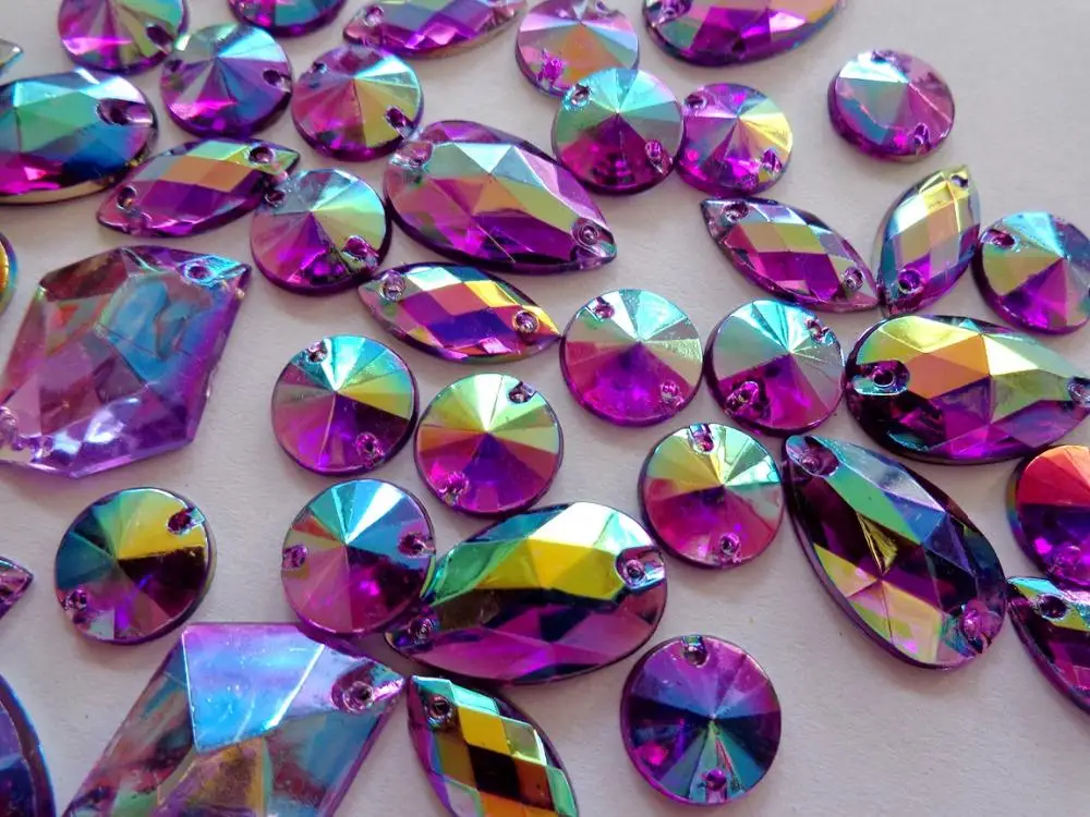 300pcs mixed shape size Purple AB colour crystal sew on rhinestones Acryl loose Beads hand sewing strass