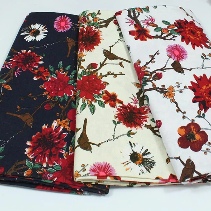 cotton and linen red flower plum Chinese Hwamei floral printed textile for DIY handwork tablecloth curtains blouse dress fabric
