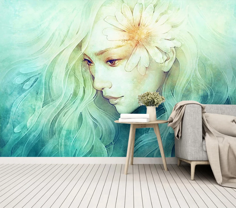 Decorative wallpaper Green fantasy watercolor style background wall painting