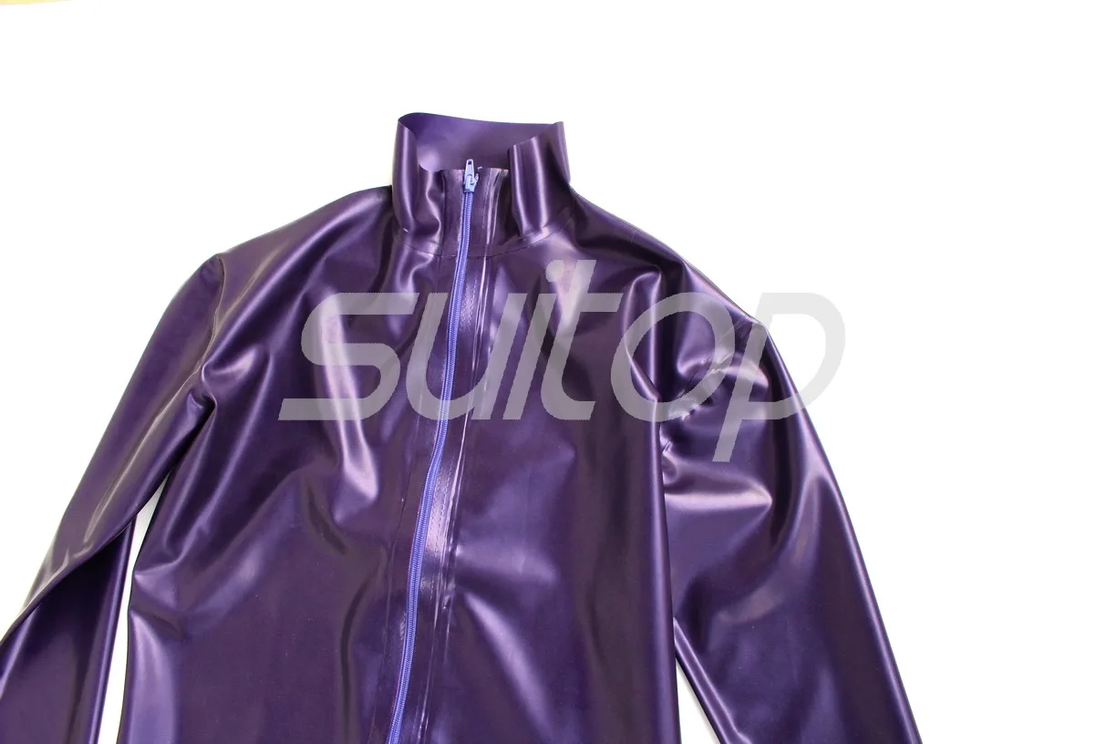 Látex capa completa zentai com fecho de correr de volta incluindo meias capuzes luva destacada em metálico roxo cabelo buraco