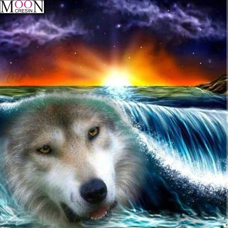 

MOONCRESIN DIY Diamond Embroidery Sunset Wolf Out Diamond Painting Cross Stitch Full Square Drill Rhinestone Mosaic Decor Forcep