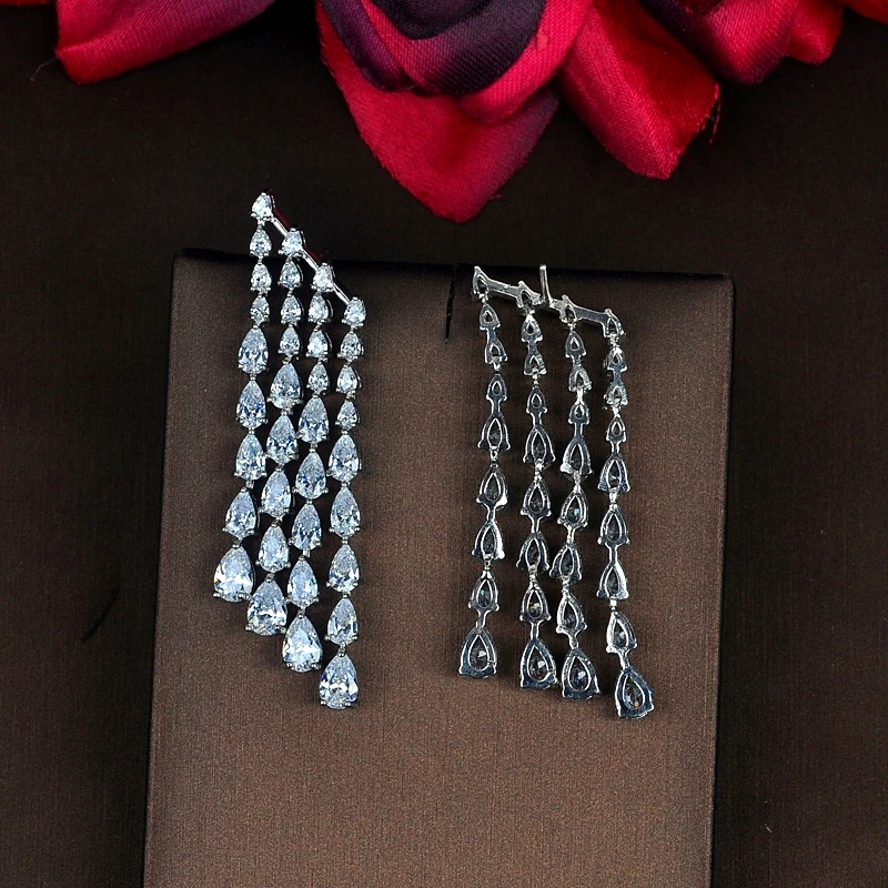HIBRIDE Sparkling Water Drop Cubic Zirconia Tassel Earring Brincos Jewelry Green And White CZ Earrings Wholesale Price E-813