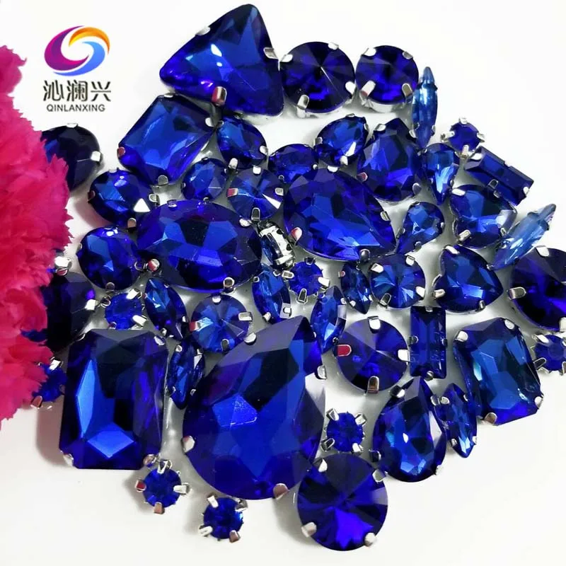 Shiny Mix Size 68pcs Royalblue Glass Crystal Sew on Rhinestones, Sewing Accessories for Needlework Diy/Clothing Decoration