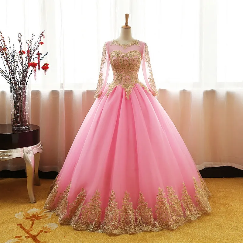 9 Colors Fashion Vintage Sweet Gold Lace Red Ping Wedding Dress Long Sleeve Plus Size Bridal Ball Gown Robe de Mariee