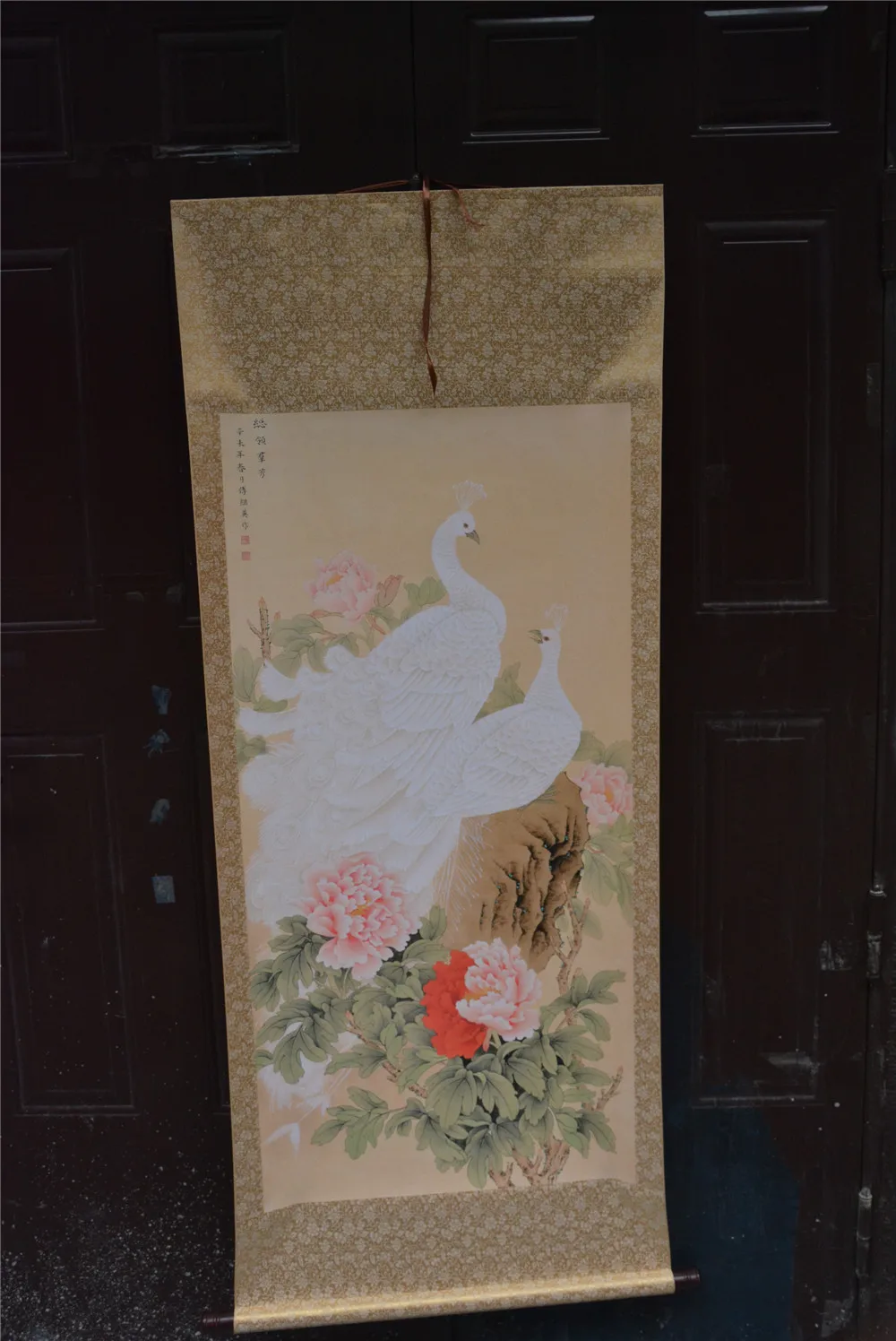 Antique Hand-painted Chinese paintings, long axis of the Qing Dynasty in China,peony&peacok,Free shipping