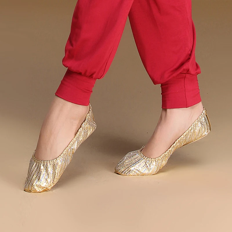 

Wholesale Women Belly Dance Accessory Practice Gold Flats Soft Leather Pointe Gymnastics Foldable Ballet Flat