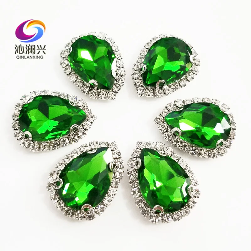 

Top Grade Silver Bottom Glass Crystal Buckle,Grass Green Color Drop Shape Sew on Rhinestones with Holes,Diy/wedding Decoration