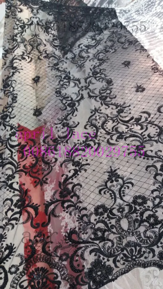 MX449 stock black sequin  beads french net tulle mesh  lace for evening dress/sawing/wedding,fast ship all over world