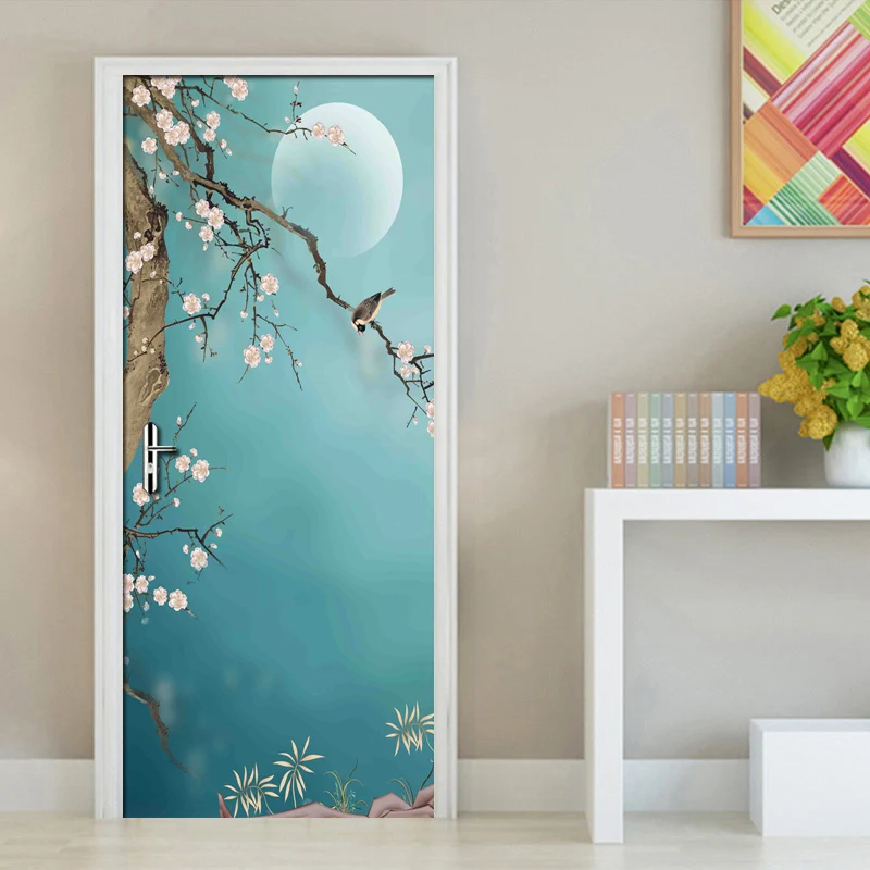 Chinese Style Hand Painted Flowers Birds Art Wall Painting Vinyl Self-adhesive Door Sticker 3D Photo Wallpaper Waterproof Mural