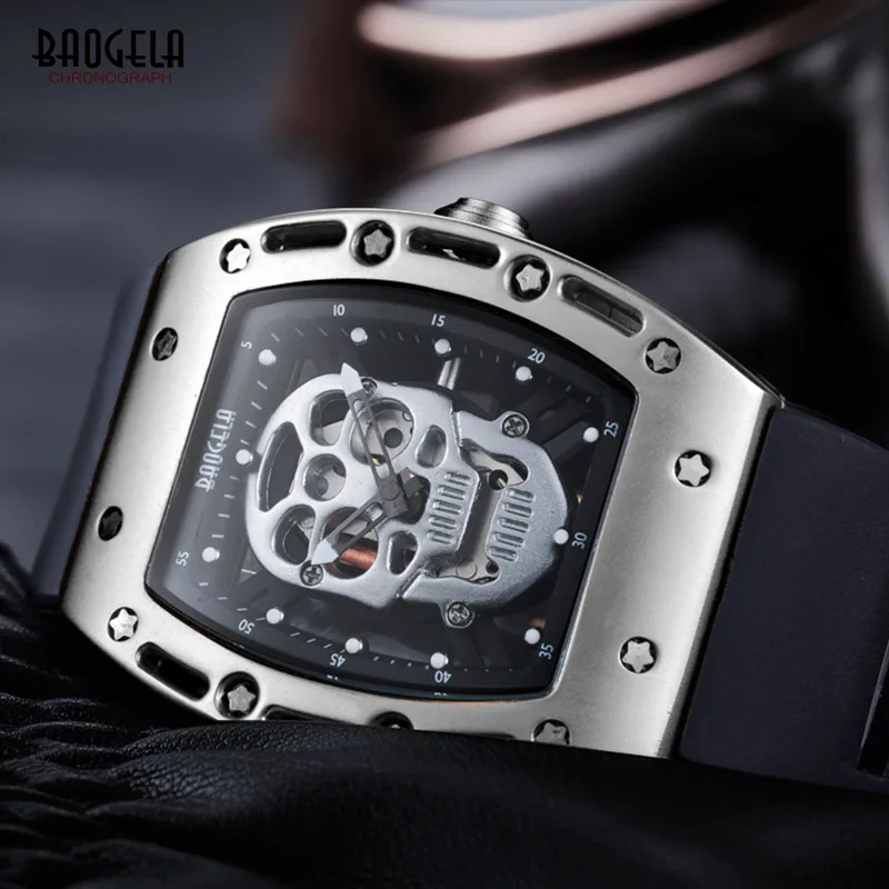 Baogela Herren Mode Militär Silikon Strap Rechteck Zifferblatt Schädel Gesicht Sport Quarz Handgelenk Uhren BGL1612G-1