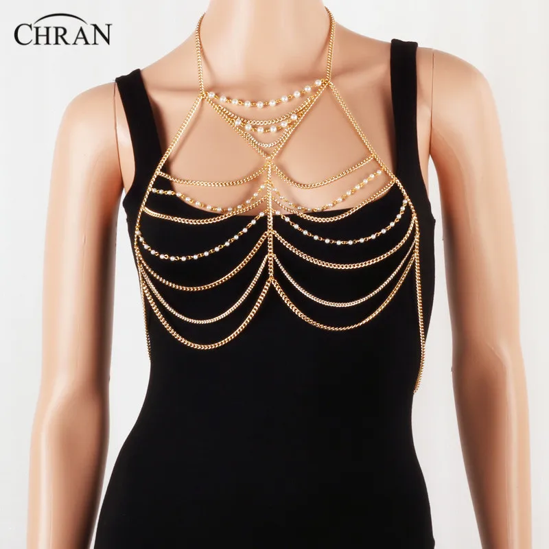

Chran Fashion Stunning Sexy Body Silver Gold Tone Beach Chain Bra Pearl Slave Harness Necklace Jewelry