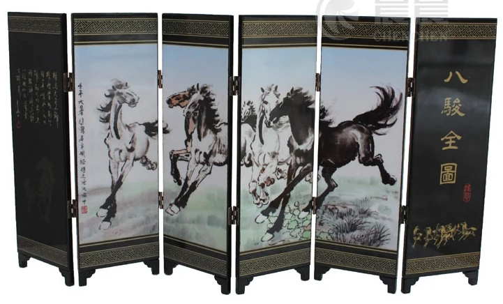 

( Mini ) Exquisite Chinese Classical Lacquer Painting Decorative Eight Horses Folding Screen