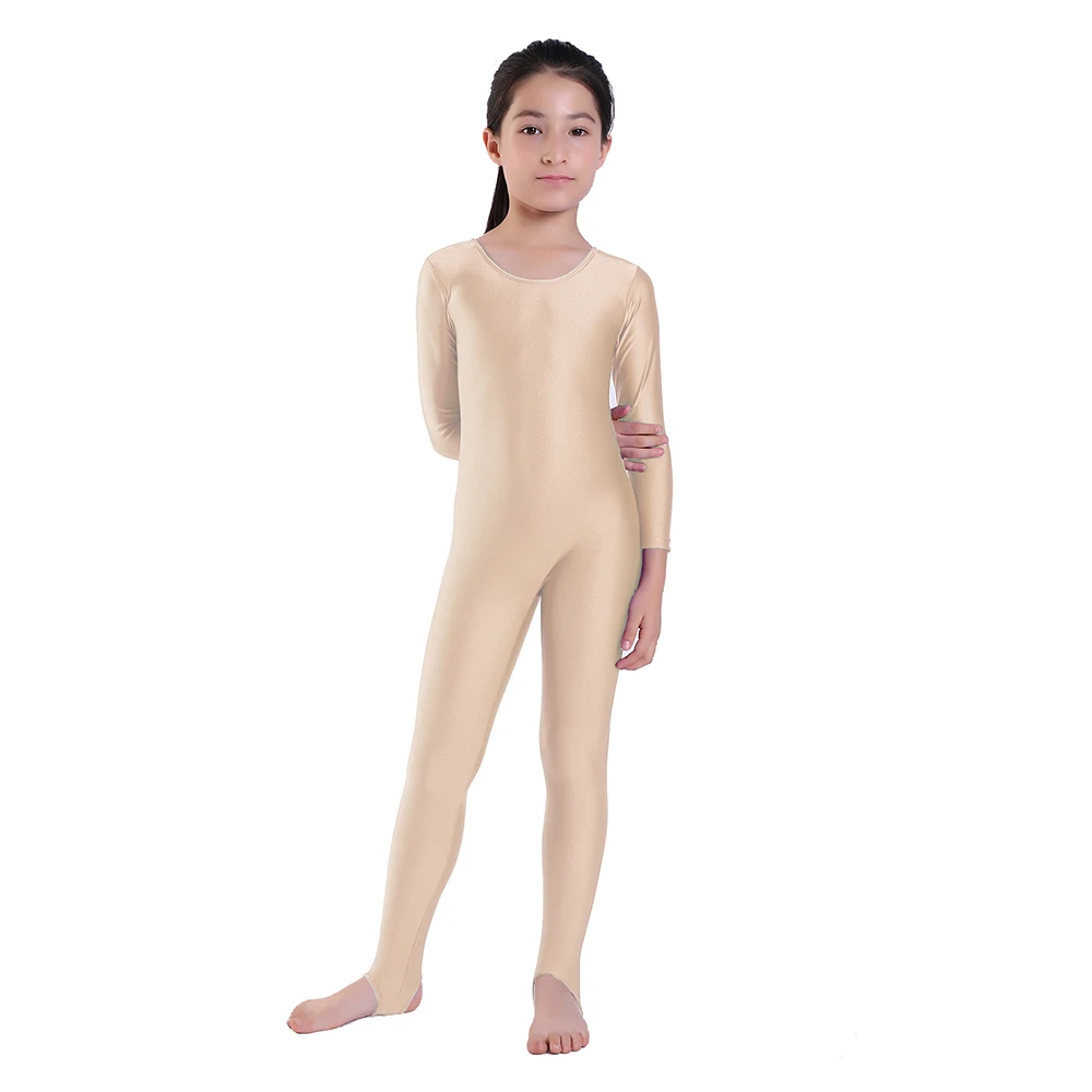 SPEERISE Childrens Girls Dance Gymnastics Long Sleeve Unitard Catsuit Stirrup Nylon Dance Girls Show Stage Wear leotard