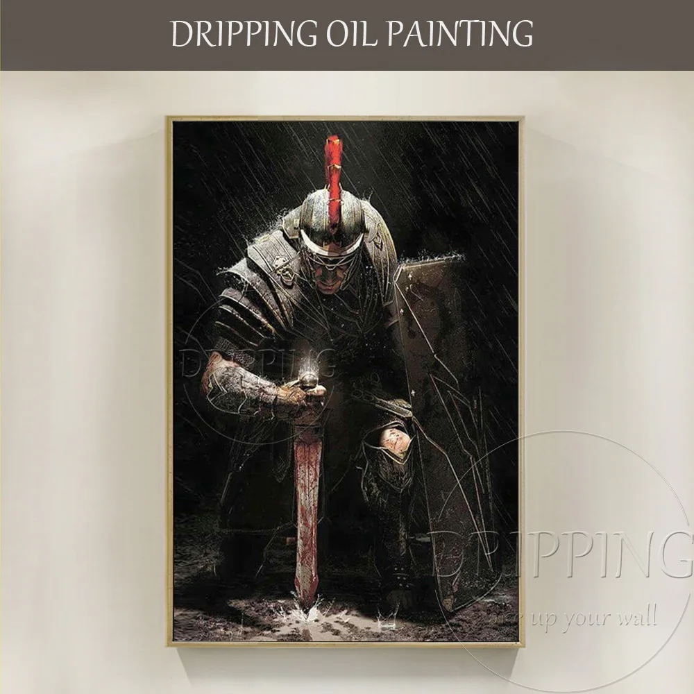 Top Artist Handmade High Quality Impressionist Soldier Oil Painting on Canvas Soldier Holding Sword and Shield Oil Painting