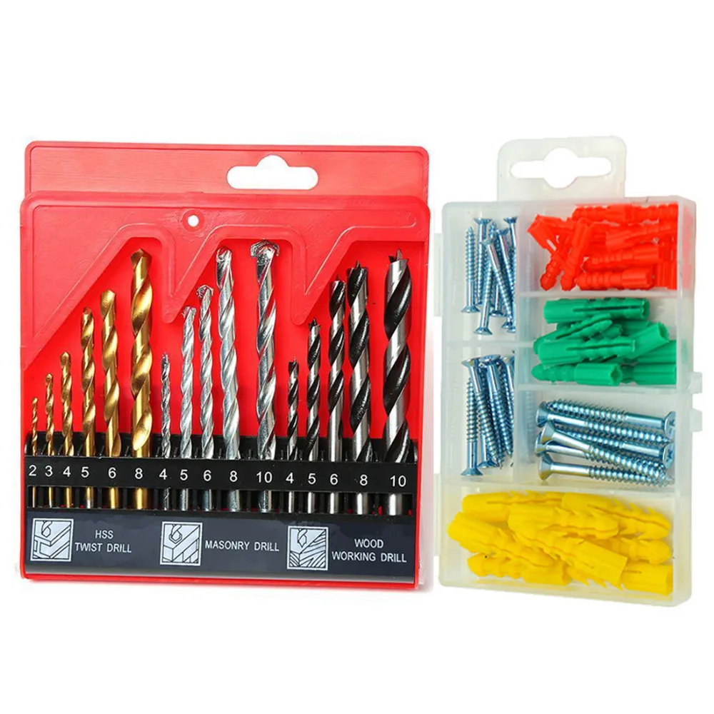 16pcs Masonry Twist Wood Drill Bit Set Concrete Brick Drywall Anchors Screws Assortment Kit