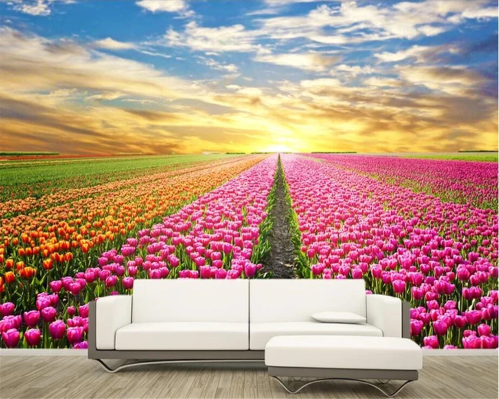 beibehang Custom wallpaper 3d papel de parede mural beautiful flowers sea tulips rural scenery living room bedroom 3d wallpaper