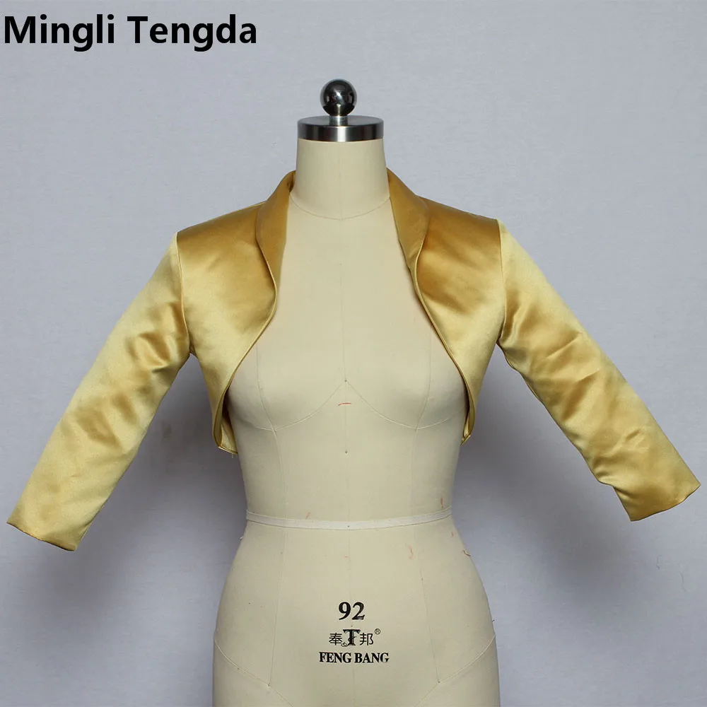 New Gold Satin Wedding Bolero Tippet Shrug Bridal Jacket Stole Wrap 3/4 Sleeve Lined Custom Made Wedding Caps Mingli Tengda cape