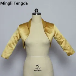 New Gold Satin Wedding Bolero Tippet Shrug Bridal Jacket Stole Wrap 3/4 Sleeve Lined Custom Made Wedding Caps Mingli Tengda cape