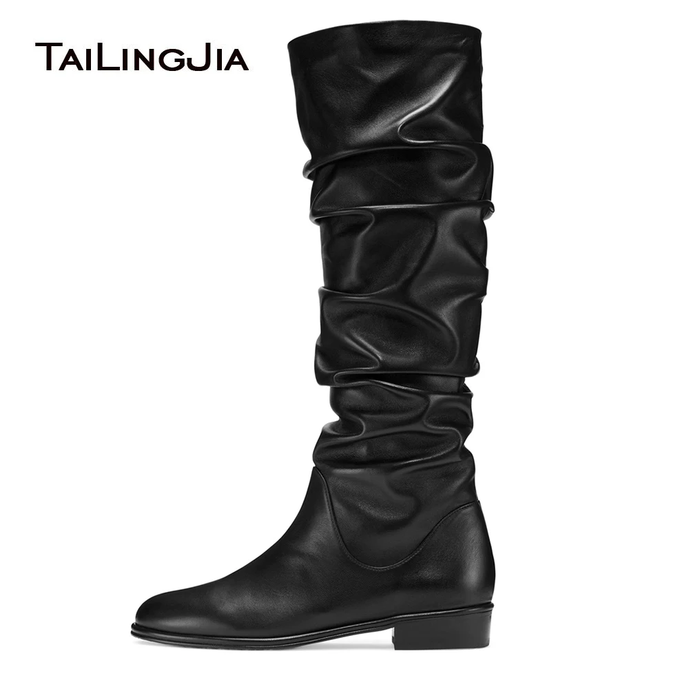 Women Black Round Toe Flat Slouch Knee High Boots Pleated Long Boots for Ladies Stylish Warm Autumn Winter Shoes Big Size 43