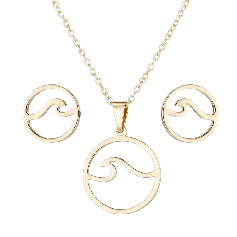 Chic Ocean Wave Pendant Vintage Jewelry Set Accessories for Women Charm Beach Inspired Necklace Stud Earrings