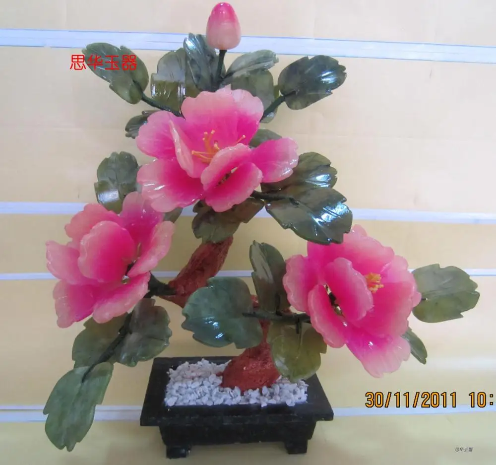 Natural jade bonsai decoration 3 bright pink peony jade ornaments Home Furnishing jewelry gift room