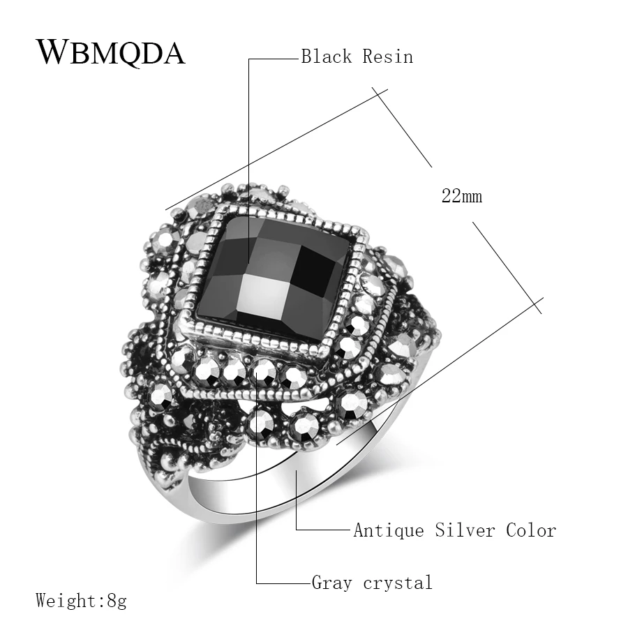 Wbmqda Vintage Big Black Stone Rings For Women Size 7 8 9 10 Tibetan Silver Gray Crystal Flower Boho Jewelry Anel